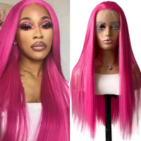 Rose Pink Straight Synthetic Glueless Lace Wigs For Women Natural Hairline Daily Wear Cosplay Part Front Hair