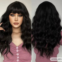 Natural Long Curly Synthetic Black Wig With Bangs
