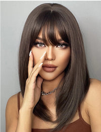Beautiful Short Brown Synthetic Wig With Bangs Light Brown Wig Shoulder Length