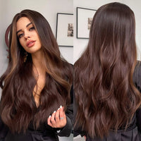 Long Brown Ombre Wavy Synthetic Wigs for Women Natural Hair Wig with Bangs Cute Heat Resistant Daily wig