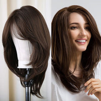 Medium Length Synthetic Straight Natural Brown \ Brown Ready-To-Wear Wig With Side Bangs