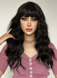 Natural Long Curly Synthetic Black Wig With Bangs