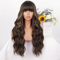 Brown Blond Long Wavy Curly Hair with Bangs Wig
