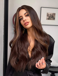 Long Brown Ombre Wavy Synthetic Wigs for Women Natural Hair Wig with Bangs Cute Heat Resistant Daily wig