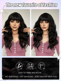 Natural Long Curly Synthetic Black Wig With Bangs