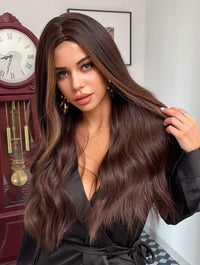 Long Brown Ombre Wavy Synthetic Wigs for Women Natural Hair Wig with Bangs Cute Heat Resistant Daily wig