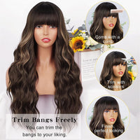 Brown Blond Long Wavy Curly Hair with Bangs Wig
