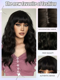 Natural Long Curly Synthetic Black Wig With Bangs