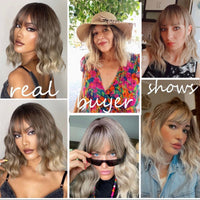 Short Curly Ash Brown Bob Synthetic Wigs With Bangs