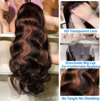 Upgraded 1B/30 Balayage Body Wave 13x4 Highlight Lace Front Human Hair Wig Vietnamese 30 Inch Omber Brown Colored Wig