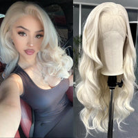 Platinum Blonde Long Wavy Synthetic Wig Free Part Loose Wave Natural Curly 13X4 Lace Front Wigs for Women Daily Party Cosplay