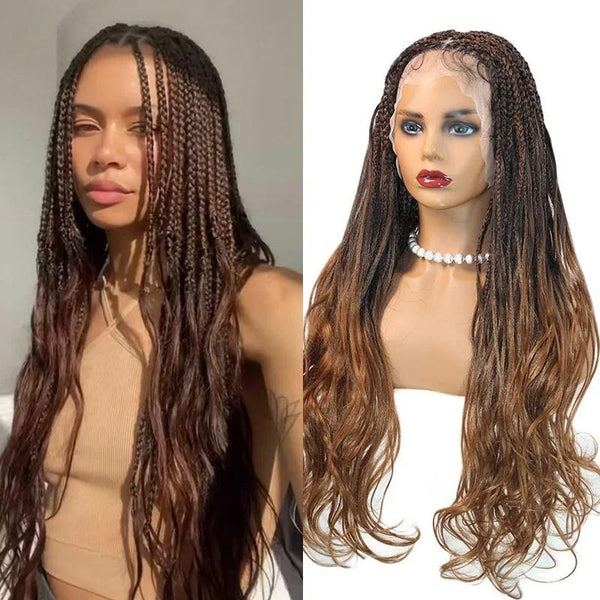 Synthetic Colored Box Braided Wigs With Curly Hair End Knotless Blonde Full Lace Wig 28Inch