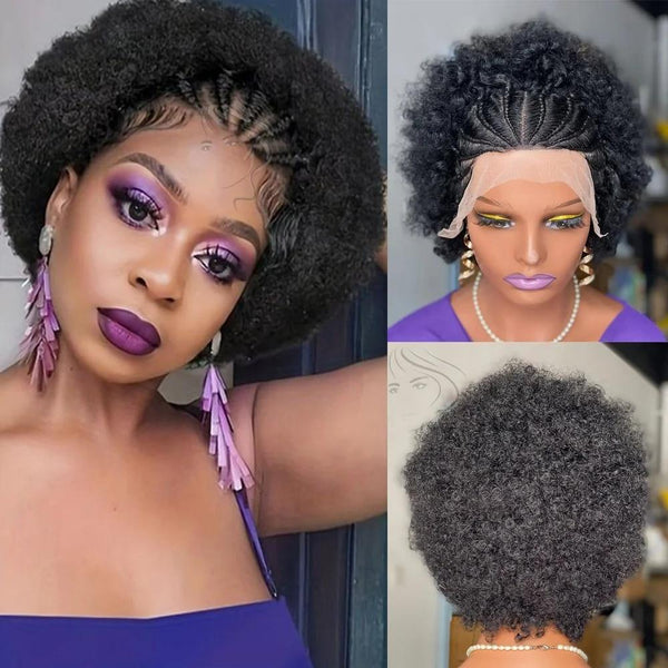 13x4 Lace Frontal Short Afro Kinky Curly Bob Braided Hair Wig 8 Inch Human Hair Wigs PrePlucked Bouncy Curly Wig