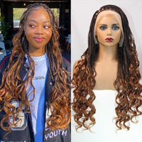 28Inch Synthetic Wigs Knotless Box Braids With Curly End Blonde Full Lace Wig