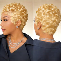 6-Inch Remy Human Hair Pixie Curly Wave Wig with Bangs Easy To Wear for Daily Use & Partie