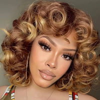 Soft Brown Blonde Big Curly Hair with Bangs Heat-Resistant Daily Synthetic Wig for African American Women