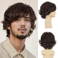 Synthetic Short Haircut Curly Wig with Bangs Short Brown Wigs for Men Curly Layered Natural Looking Realistic