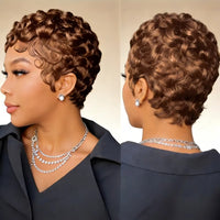 6-Inch Remy Human Hair Pixie Curly Wave Wig with Bangs Easy To Wear for Daily Use & Partie