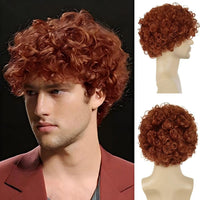 Short Red Afro Curly Synthetic Wig with Bangs for Men Male Guy Cosplay Costume Halloween Heat Resistant Hair Replacement Wigs