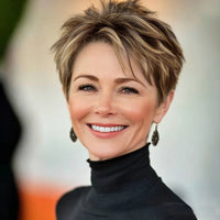 Short Brown Mixed Golden Highlights Human Hair Pixie Cut Wig