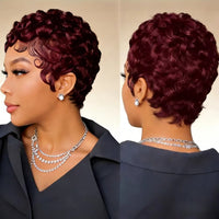 6-Inch Remy Human Hair Pixie Curly Wave Wig with Bangs Easy To Wear for Daily Use & Partie