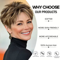 Short Brown Mixed Golden Highlights Human Hair Pixie Cut Wig