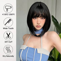 Bob Black Synthetic Wigs Straight Cosplay Short Daily Natural Looking Hair Wig with Bangs Heat Resistant Fiber for Women Afro