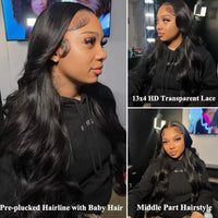 Transparent Lace Front Wig Pre Plucked Natural Black Malaysian Human Hair Wigs 180% Density Lace Frontal Wig Bleached Knots