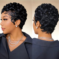 6-Inch Remy Human Hair Pixie Curly Wave Wig with Bangs Easy To Wear for Daily Use & Partie