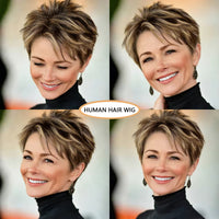 Short Brown Mixed Golden Highlights Human Hair Pixie Cut Wig