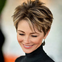 Short Brown Mixed Golden Highlights Human Hair Pixie Cut Wig