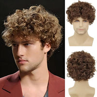 Short Red Afro Curly Synthetic Wig with Bangs for Men Male Guy Cosplay Costume Halloween Heat Resistant Hair Replacement Wigs