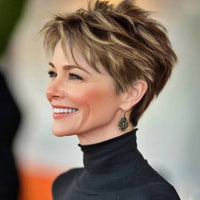 Short Brown Mixed Golden Highlights Human Hair Pixie Cut Wig
