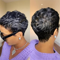 Short Pixie Cut Wig With Bangs Human Hair 180 Density For Women Machine Made Wig
