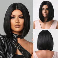 Bob Black Synthetic Wigs Straight Cosplay Short Daily Natural Looking Hair Wig with Bangs Heat Resistant Fiber for Women Afro