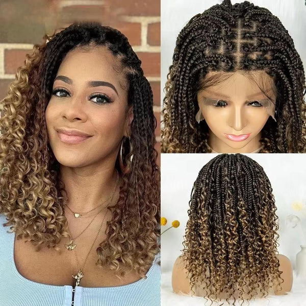 Short Boho Bohemian Full Lace Box Braided Wigs Synthetic Curly Hair with Baby Hair
