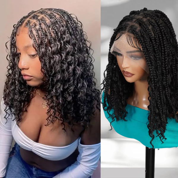 Authentic Glueless Full Lace Braided Wig Medium Knotless Boho Box Braid Spiral Curl Bob 1B 12