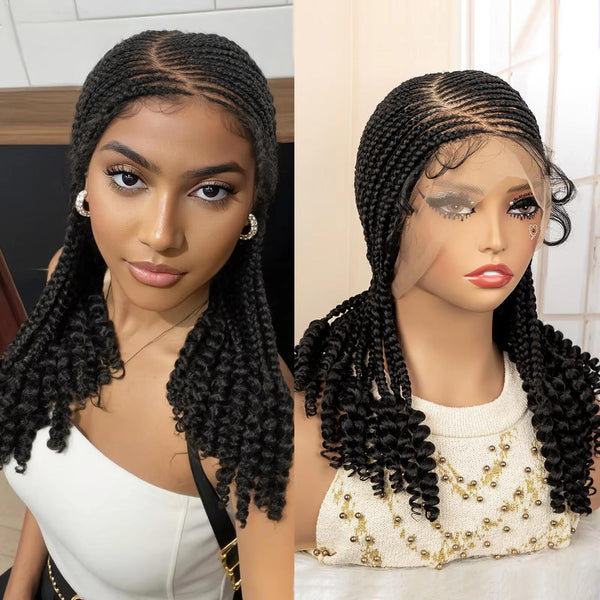 Full Lace Braided Wig with Curly Ends Synthetic Afro Knotless Cornrow Braided Wig