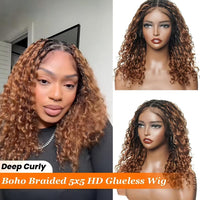 Deep Curly Ombre Honey Blonde Flexi-fit Boho Braided Short Wig 5x5 Invisi HD Lace Closure Boho Curls Braided Bob HD Glueless Wig