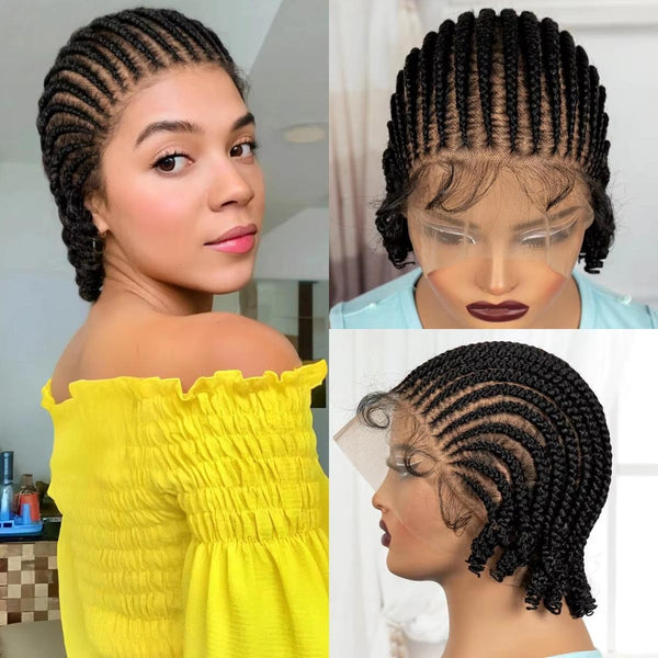 Full Lace Short Cornrow Braided Bob Wigs Synthetic Knotless Handmade Braids Wigs with Baby Hair