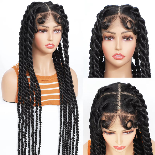 100% Hand-tied 36 Inch Synthetic Transparent Full Lace Twisted Braided Wig
