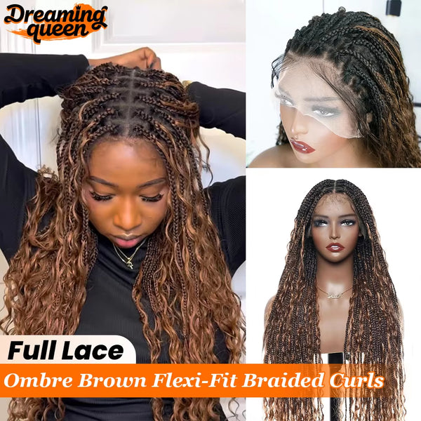 180% Density Flexi-Fit Full Lace Knotless Bohemian Braided Curls Wig Ombre Brown Curly Synthetic Invisi Drawstring Wig Brazilian
