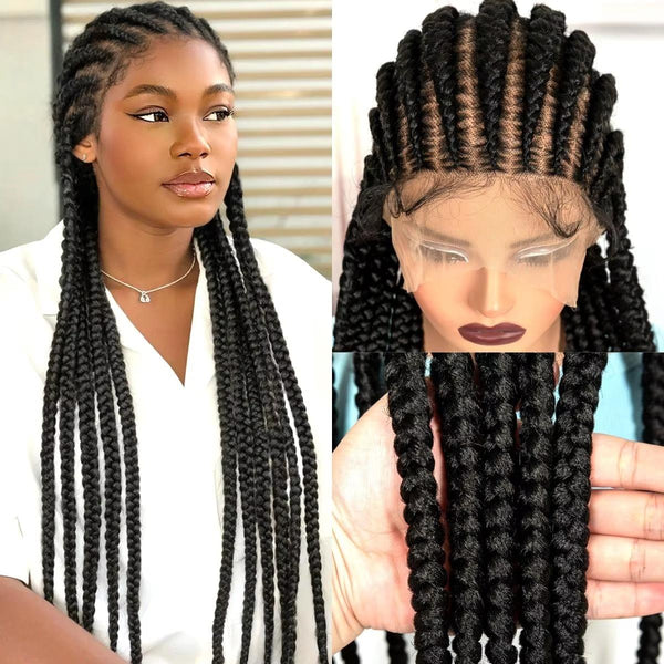 32In Full Lace Cornrow Braided Wigs Synthetic Knotless Braids Wig with Baby Hair