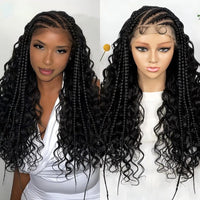 Cornrow Synthetic Braided Wigs 13*6 Lace Front Wig Knotless Partition Design with Curly Hair