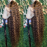 34" Honey Blonde & Mixed Curly Wavy Lace Front Human Hair Wig for Women - Image 3