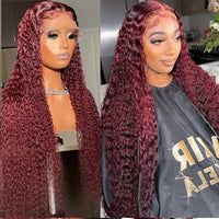 Lace Front Human Hair Wigs 34 Inch 99J Burgundy Deep Wave Lace Front Wig Red Colored Curly Human Hair HD Lace Frontal Wig