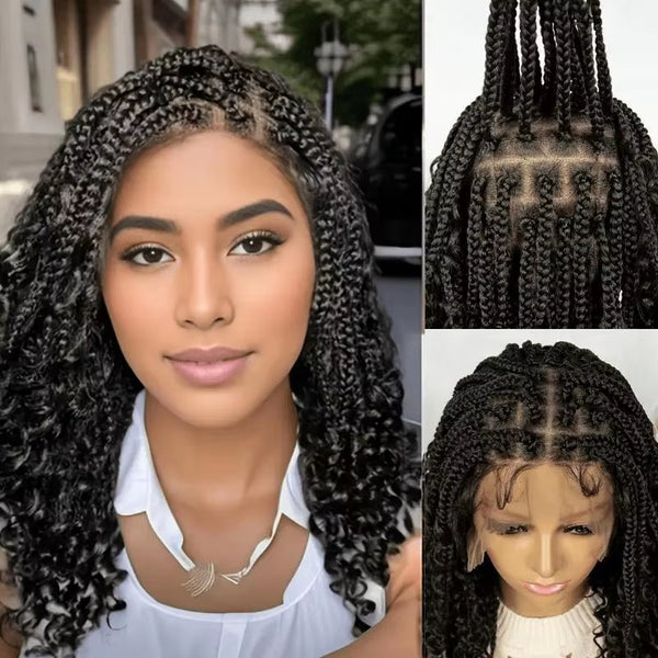 Knotless Box Braided Wigs with Curly Ends Synthetic Full Lace Short Boho Braided Bob Wigs