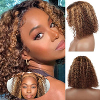 14" Brown & Mixed Curly Wavy HD Lace Human Hair Wig for Women - Image 3