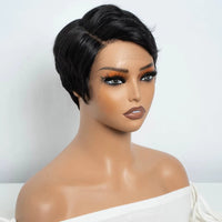 Without Glue Brazilian Remy Hair Black Short Pixie Cut 13X6 C Part Lace Front 100% Human Hair Wig For Women