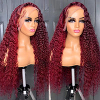 Lace Front Human Hair Wigs 34 Inch 99J Burgundy Deep Wave Lace Front Wig Red Colored Curly Human Hair HD Lace Frontal Wig